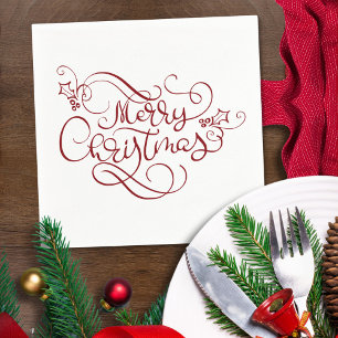 Serviette En Papier Élégant Joyeux Noël Rouge Fancy Script