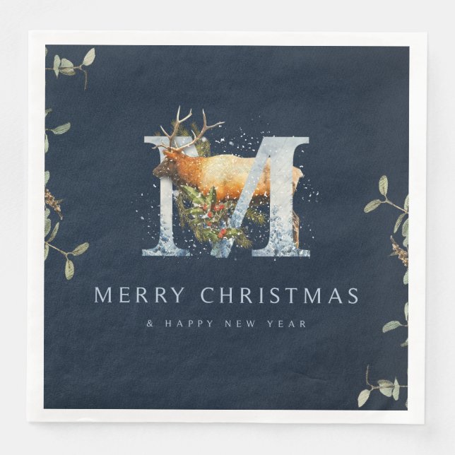 Serviette En Papier Élégant Joyeux Rindeer Monogramme de Noël (Devant)