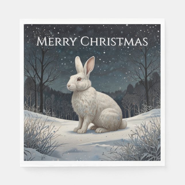 Serviette En Papier Elégant lapin blanc Noël forêt enneigée (Devant)