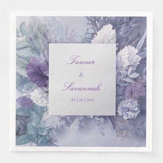 Serviette En Papier Élégant Lavande Dépoli Mariage Floral (Devant)