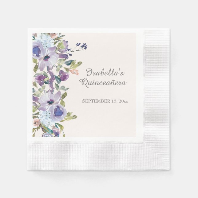 Serviette En Papier Elégant Lilac bleu Floral Horizontal Quinceañera (Devant)