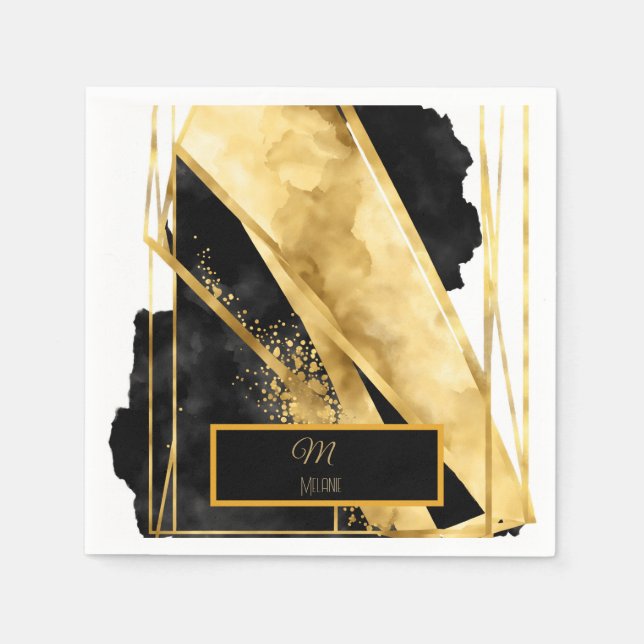 Serviette En Papier Elégant Luxueux Monogramme Or Noir Moderne Glam (Devant)