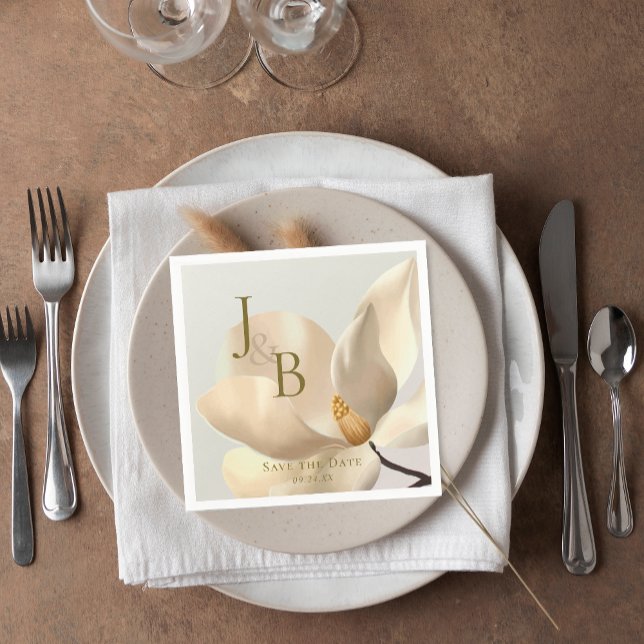 Serviette En Papier Elégant Magnolia Blanc Oriental Enregistrer la dat (Elegant Oriental White Magnolia Save the Date Napkins)