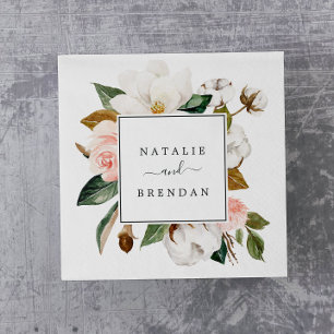 Serviette En Papier Élégant Magnolia Mariage blanc et blanc