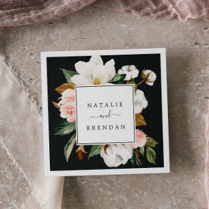 Serviette En Papier Élégant Magnolia Mariage noir et blanc