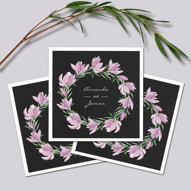 Serviette En Papier Elégant Magnolia violet Aquarelle Florale (Elegant Purple Magnolia Floral Watercolor Napkins)