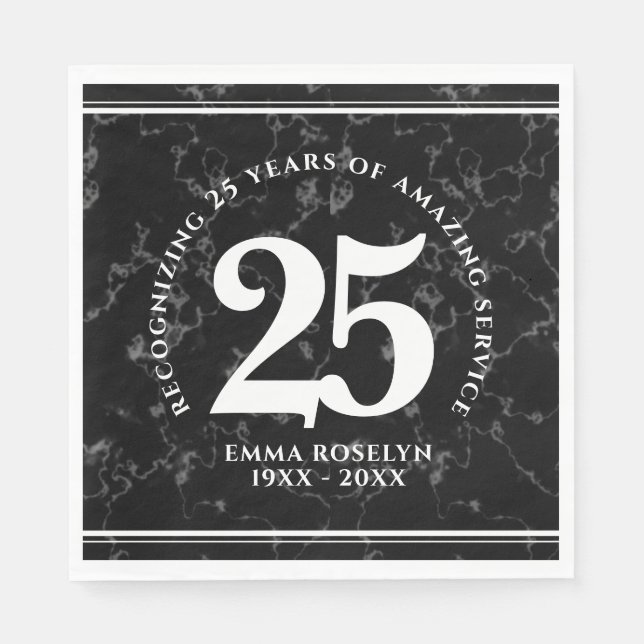 Serviette En Papier Élégant Marbre Noir 25 Anniversaire du Travail (Devant)