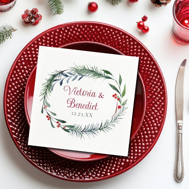 Serviette En Papier Élégant Mariage Aiguille de pin Aquarelle de Noël (Créateur téléchargé)
