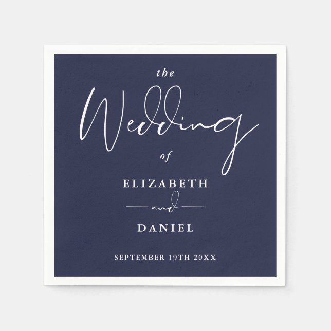 Serviette En Papier Élégant Mariage bleu marine moderne Script (Devant)