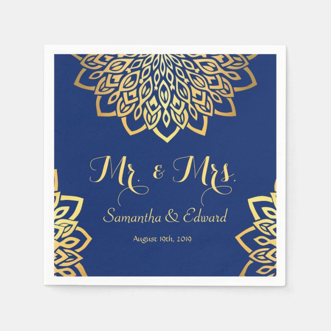 Serviette En Papier Élégant Mariage bleu or de la marine (Devant)