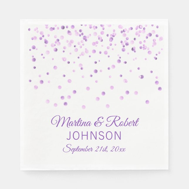 Serviette En Papier Élégant Mariage Confetti blanc violet or personnal (Devant)