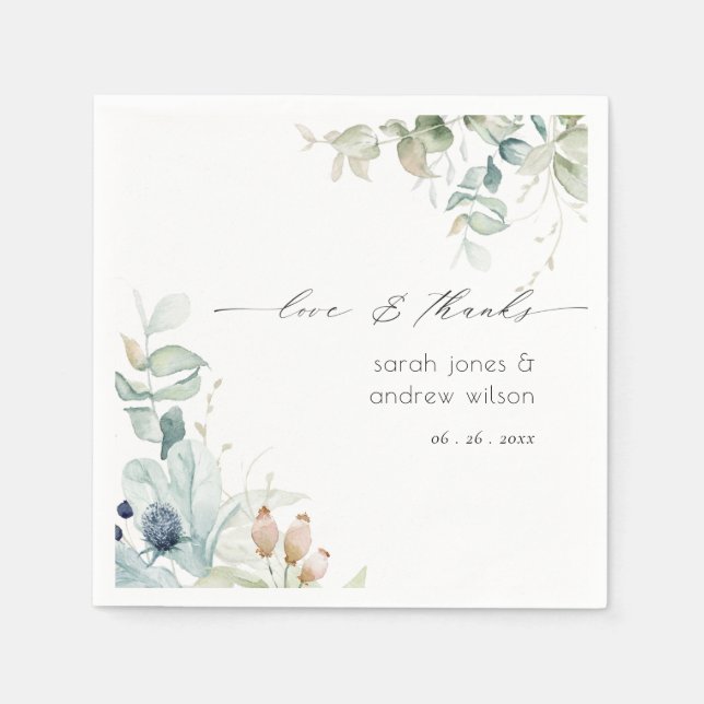 Serviette En Papier Élégant Mariage de feuillage vert bleu pastel (Devant)