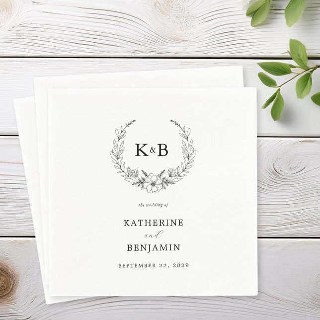 Serviette En Papier Élégant Mariage de monogramme de couronne florale (Créateur téléchargé)