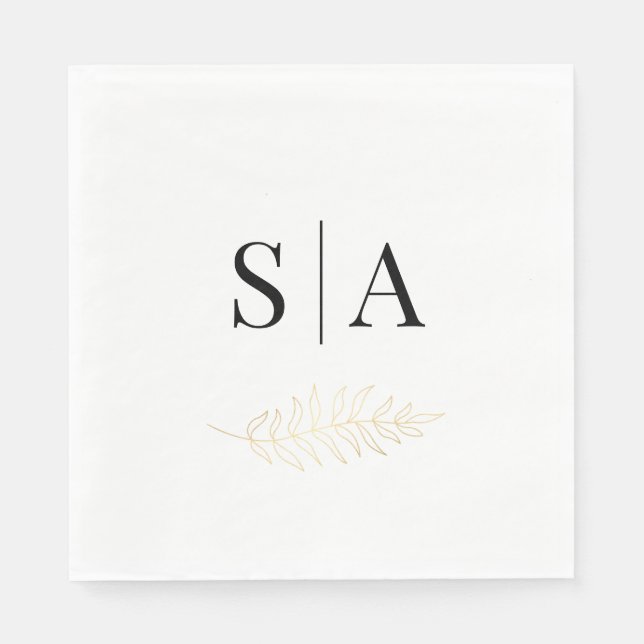 Serviette En Papier Élégant Mariage de monogramme feuille or (Devant)