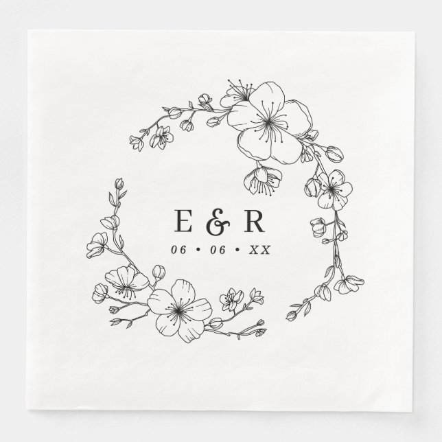 Serviette En Papier Élégant Mariage de monogramme noir et blanc (Devant)