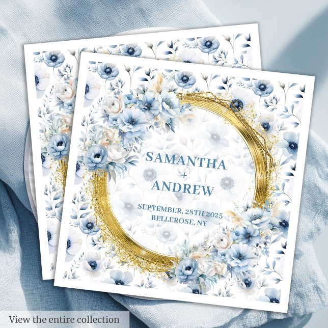 Serviette En Papier Élégant Mariage de Parties scintillant en or bleu  (Elegant Bohemian Pastel Blue Gold Glitter Wedding Paper Dinner Napkins)