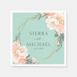 Serviette En Papier Élégant Mariage de pêche Florale verte de la Monna