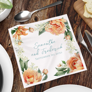 Serviette En Papier Élégant Mariage de pêche personnalisé Floral