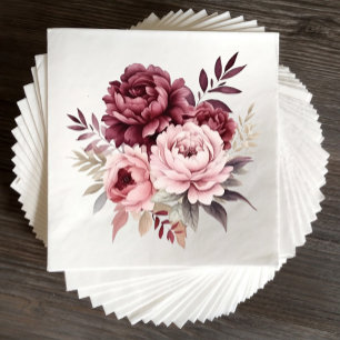 Serviette En Papier Élégant Mariage de pivoine d'aquarelle bordeaux fl