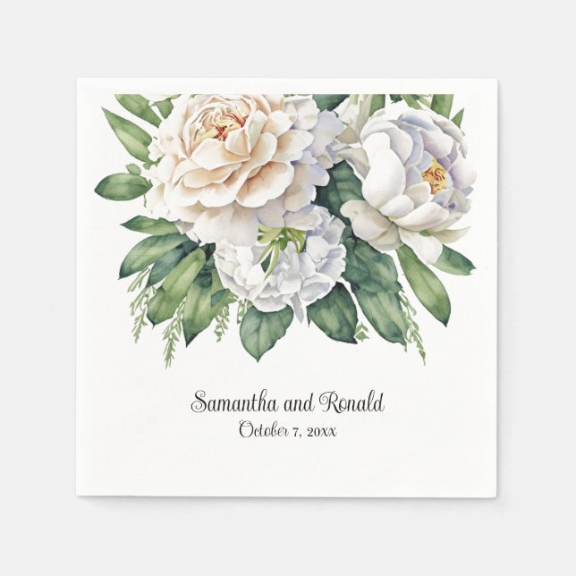 Serviette En Papier Élégant Mariage de roses et pivoines blanches (Devant)