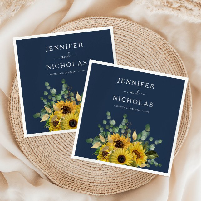 Serviette En Papier Élégant Mariage de tournesol floral bleu marine (Elegant Navy Blue Floral Sunflower Wedding Napkins)