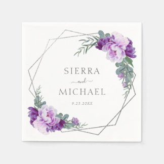 Serviette En Papier Elégant Mariage d'Eucalyptus Floral Argent & Viole