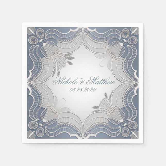 Serviette En Papier Élégant Mariage En Dentelle Sur Bleu Gradient (Devant)