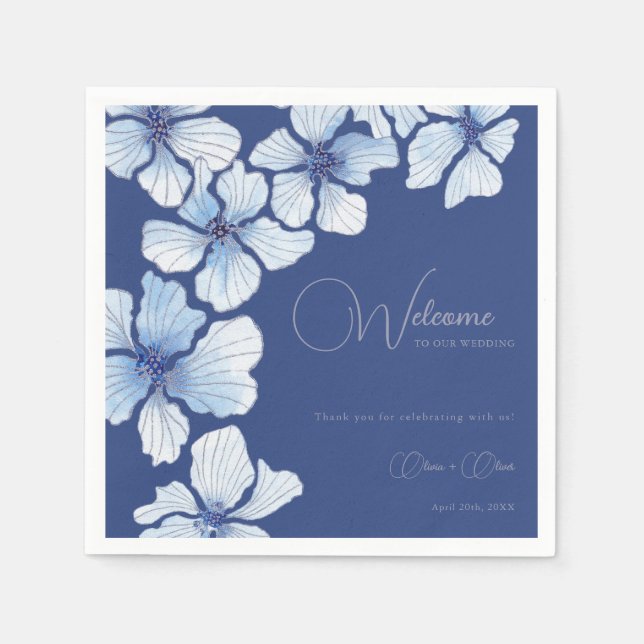Serviette En Papier Elégant Mariage Fleurs Bleues Accueil (Devant)