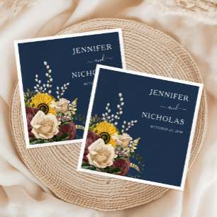 Serviette En Papier Élégant Mariage floral de tournesol bleu marine