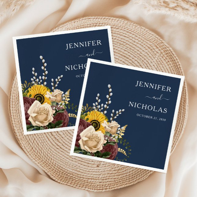 Serviette En Papier Élégant Mariage floral de tournesol bleu marine (Elegant Navy Blue Sunflower Floral Wedding Napkins)