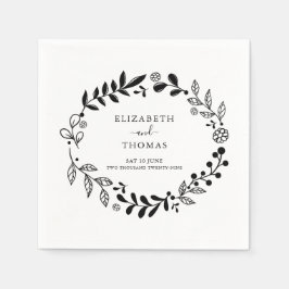 Serviette En Papier Élégant Mariage Floral noir et blanc