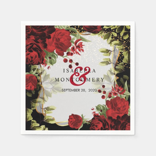 Serviette En Papier Élégant Mariage floral noir et rouge (Devant)
