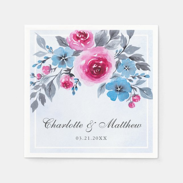 Serviette En Papier Elégant Mariage Floral Rose Et Bleu (Devant)