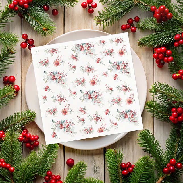 Serviette En Papier Élégant Mariage Floral Rouge Hivernal (Créateur téléchargé)