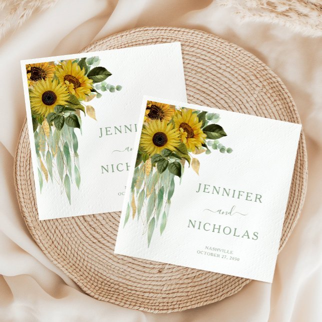 Serviette En Papier Élégant Mariage floral vert tournesol (Elegant Green Floral Sunflower Wedding Napkins)