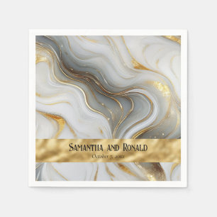 Serviette En Papier Elégant Mariage marbré Faux Gold, Blanc et Gris
