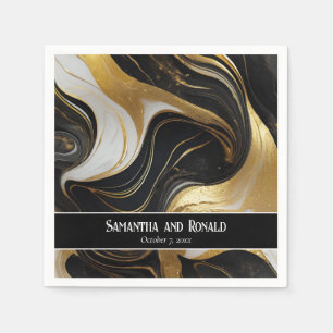 Serviette En Papier Elégant Mariage marbré Faux Gold, noir & blanc
