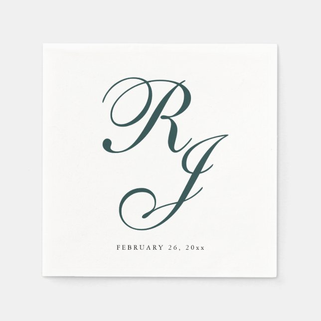 Serviette En Papier Élégant Mariage Monogramme Emerald Green (Devant)