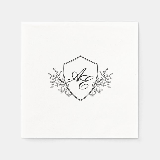 Serviette En Papier Élégant Mariage Monogramme noir et blanc (Devant)