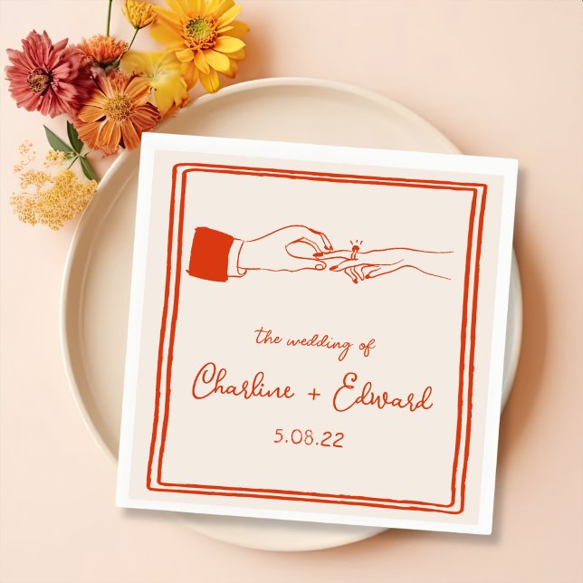 Serviette En Papier Elégant Mariage Orange Retro tiré à la main (Créateur téléchargé)