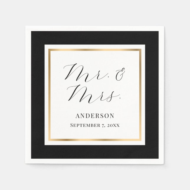Serviette En Papier Élégant Mariage personnalisé noir et or (Devant)