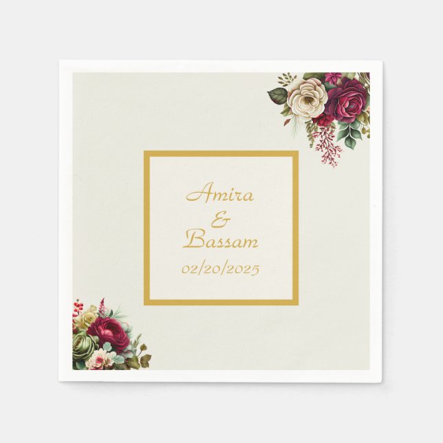 Serviette En Papier Élégant Mariage Rose Floral (Devant)