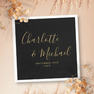 Serviette En Papier Élégant Mariage Signature Noir Et Or