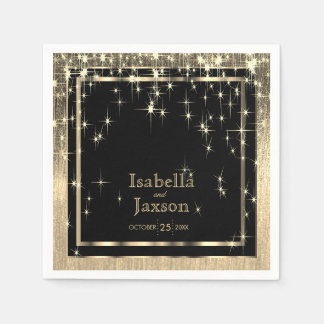 Serviette En Papier Élégant Mariage Starlights noir et or