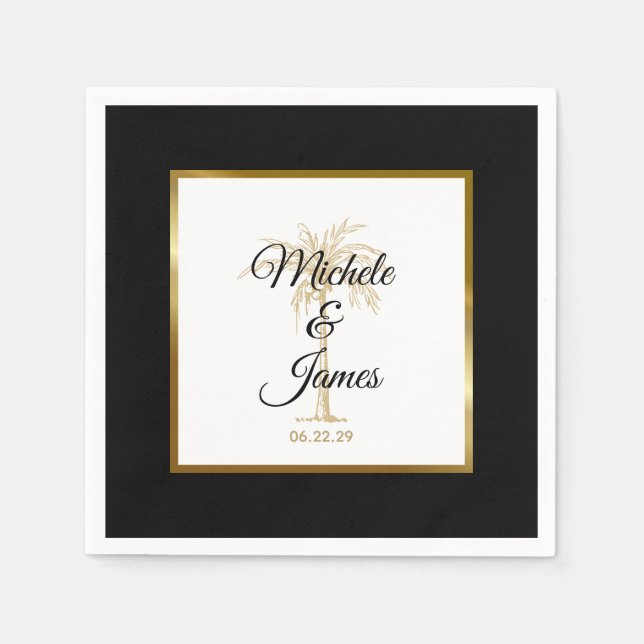 Serviette En Papier Élégant Mariage Tropical Black Gold Palm Tree (Devant)