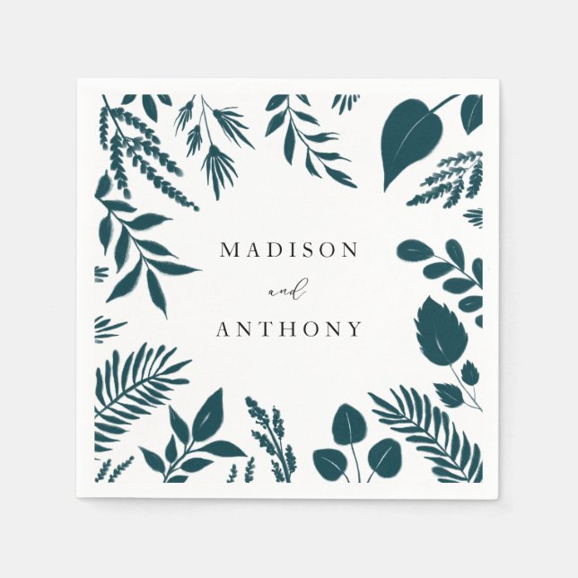 Serviette En Papier Élégant Mariage Turquoise Bleu Botanique (Devant)