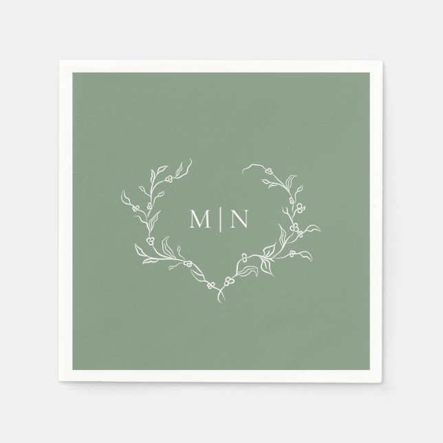 Serviette En Papier Élégant Mariage vert Sage Monogramme papier de cou (Devant)