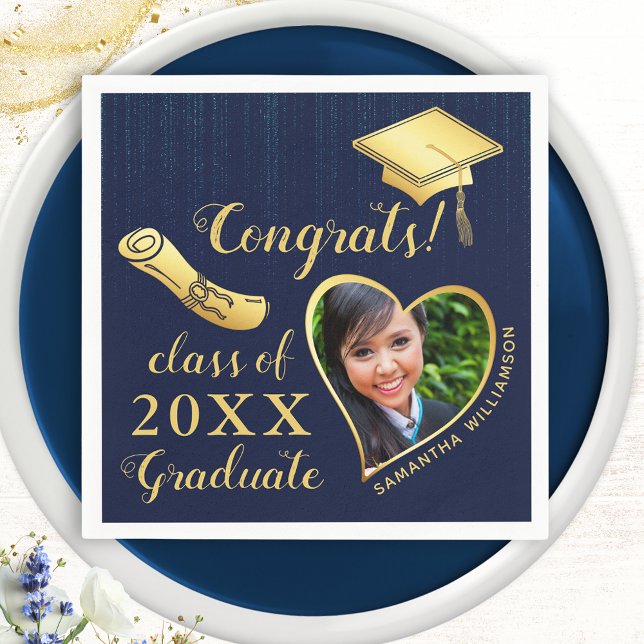 Serviette En Papier Elégant Marine Blue and Gold Photo 2025 Graduation (Créateur téléchargé)