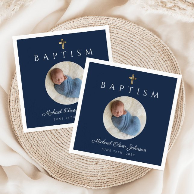 Serviette En Papier Elégant Marine Croix Bleue Photo Boy Baptême (Elegant Navy Blue Cross Photo Boy Baptism Napkins)