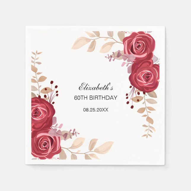 Serviette En Papier Elégant Maroon Rose Floral Verdure Anniversaire (Devant)